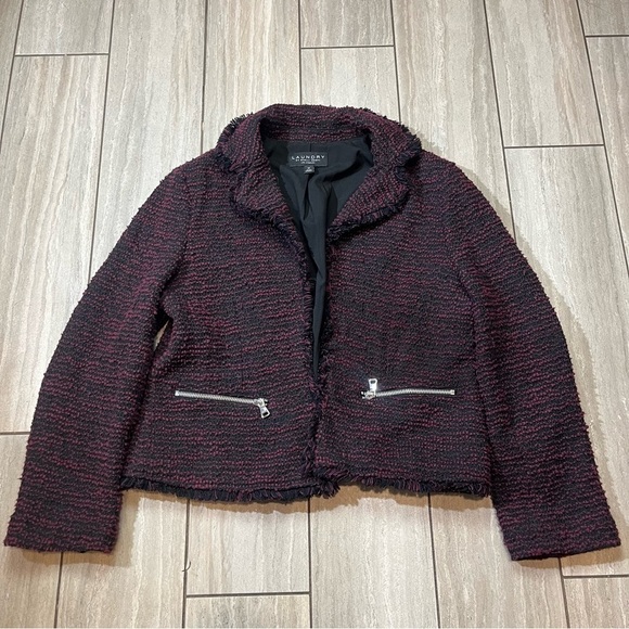 Laundry By Shelli Segal Wine & Black Tweed Open Front Frayed Blazer Women’s Med - Picture 1 of 7
